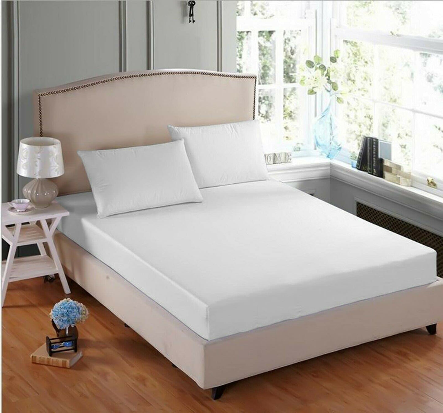 AIMANE® Non Iron Percale 4FT Small Double Fitted Sheet Poly Cotton Easy Care Non Iron Percale 4FT Fitted Bed Sheets Small Double (White) White