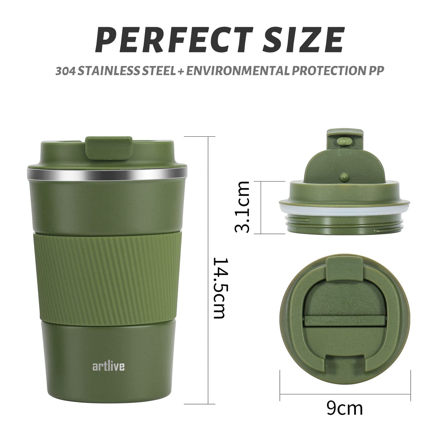 Artlive Travel Mug, Coffee Cup Insulated & Reusable Travel Cup - Thermal Stainless Steel Eco-Friendly with Leakproof Lid - Hot & Cold Coffee Mug (GreenGrip) Greengrip