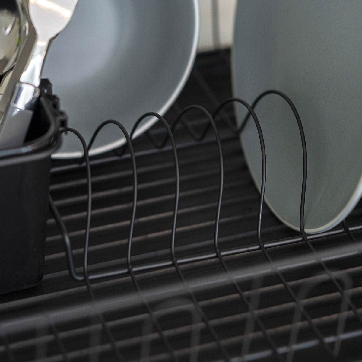 Dish Rack Drainer Kitchen Plate Drying Rack with Removable Drip Tray and Utensil Holder Anti Rust Compact Design Black