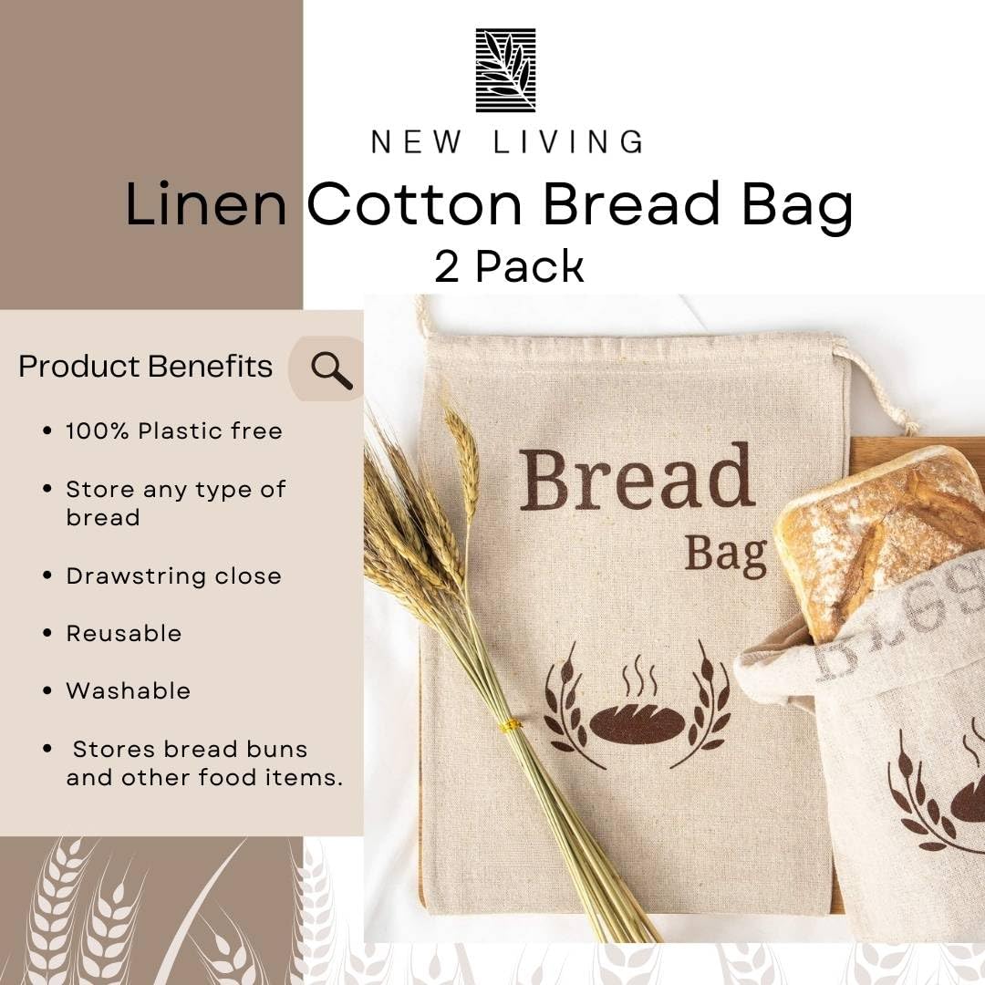 2 Pack New Living Natural Linen Bread Bag | Organic Blend | 2 x Reusable Bread Bags | Food Storage Bag | Bread Storage Bags | 38x27 cm | Eco Bread Bag