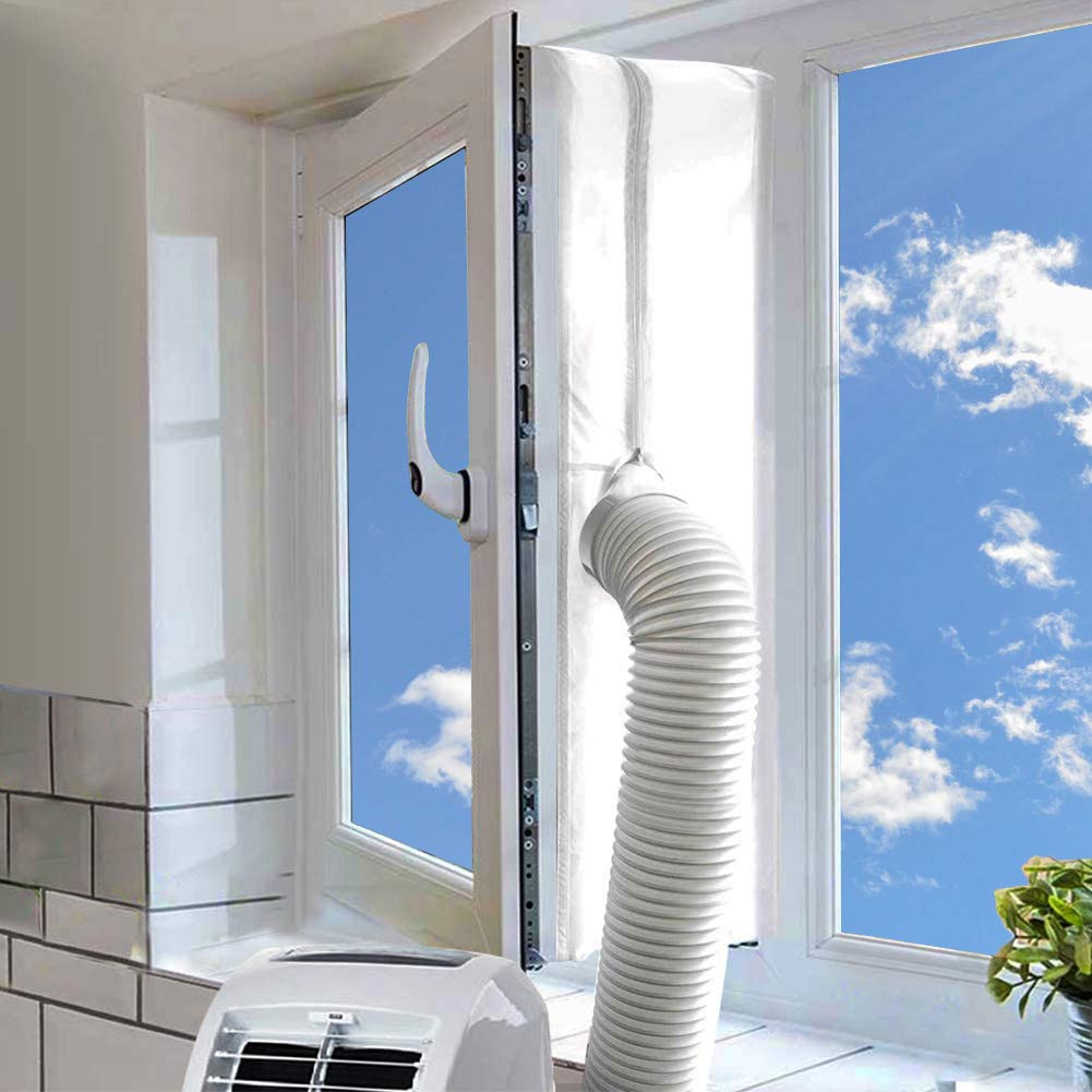 AC Window Seal,Portable Universal Window Kit for Mobile Air Conditioner Unit and Tumble Dryer 400cm/158Inch,Hot Air Stop Air Exchange Guards with Zip and Adhesive Fastener White Window Seal 400CM