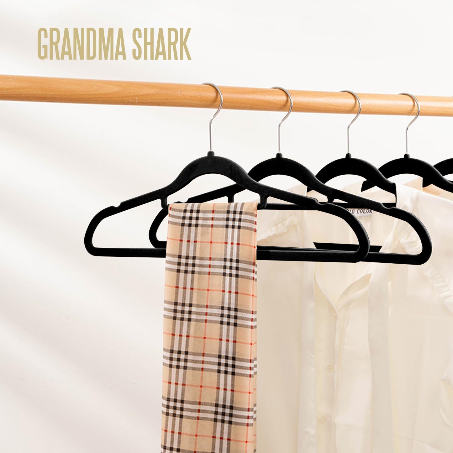 GRANDMA SHARK Velvet Flocked Non-slip Hangers, Space-saving Hanger with Two Notches and Tie Organizer 360° Hook, Suitable for Suspenders & Coats Jackets Suits (Black, 50), 45 x 23 x 0.5 centimeters Black