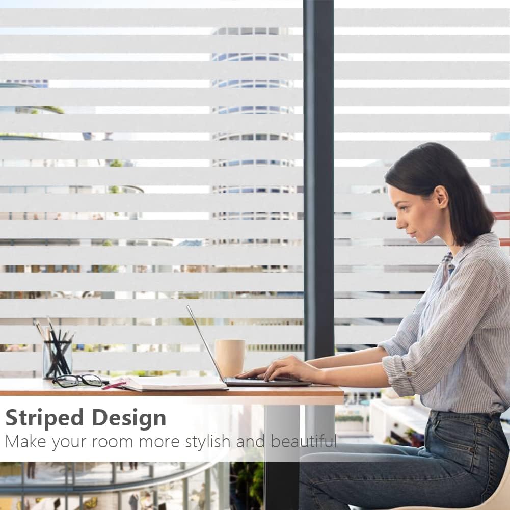 Qualsen Window Film Privacy, Frosted Window Film Stripe Window Film Privacy Window Film Self Adhesive Static Glass Window Film Window Cover for Office, Home, Kitchen (60 x 200 cm, Wide Stripe) 60 x 200 cm