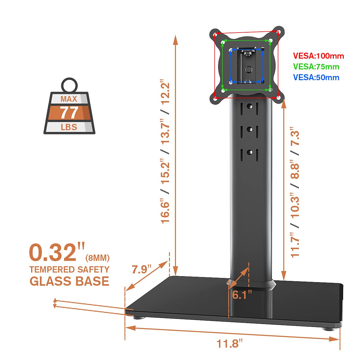 Universal Swivel TV Stand/Base Table Top TV Stand for 13 to 32 inch TVs with 100 Degree Swivel, 4 Level Height Adjustable, Heavy Duty Tempered Glass Base, Holds up to 35kg HT07B-001P