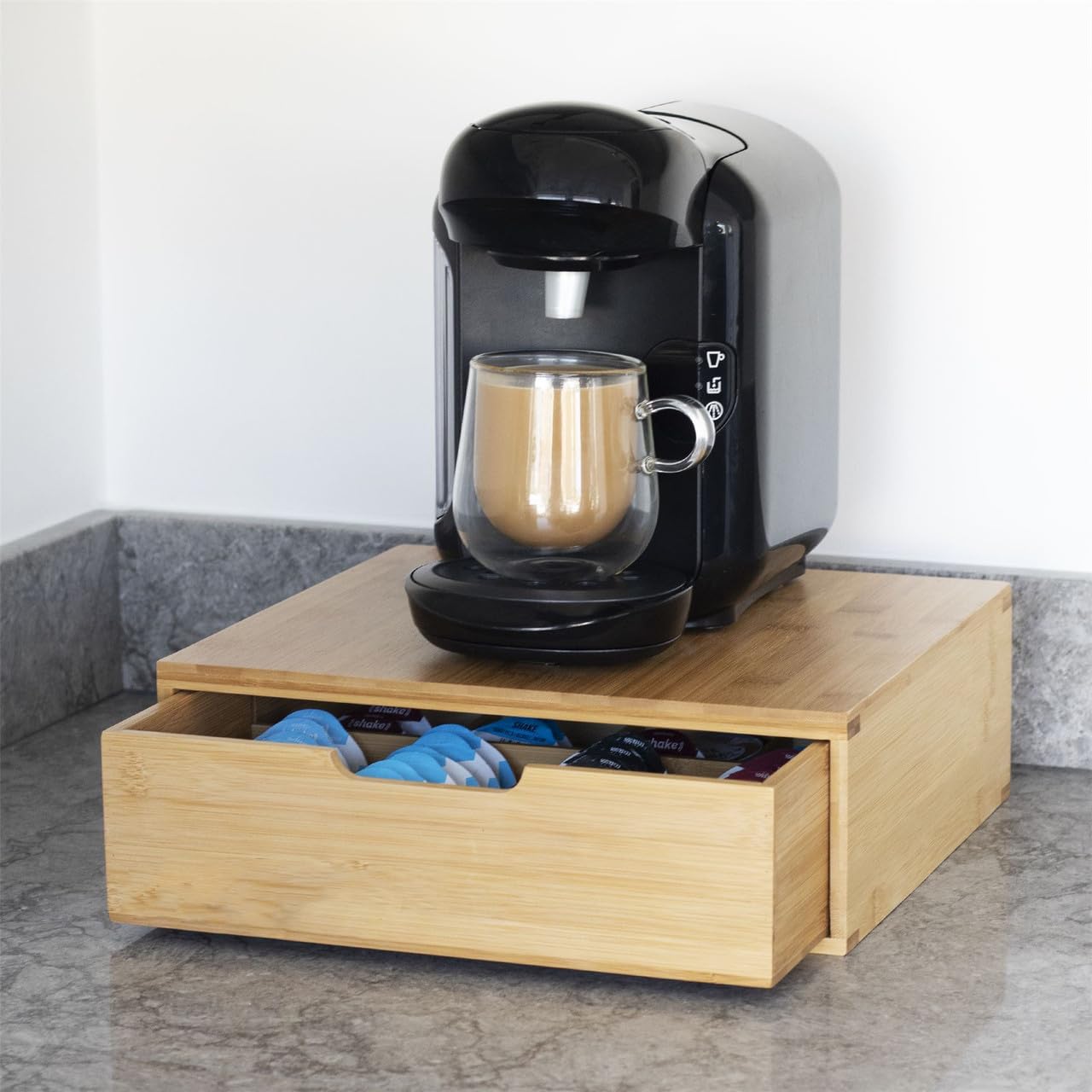 Bamboo 64 Coffee Pod Drawer | Tassimo Pod Compatible | Coffee Machine Stand | Pod Drawer Dispenser | Wooden Kitchen Storage for Coffee & Tea | M&W