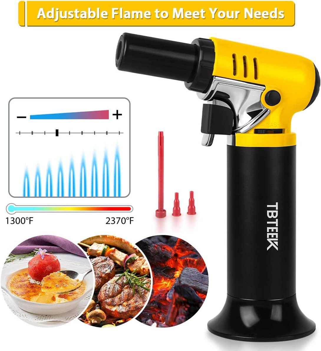 TBTEEK Kitchen Torch, One-Hand Operation Butane Torch Lighter with Gas Gauge, Adjustable Flame for BBQ, Baking, Brulee Creme, Crafts and Soldering(Butane Gas Not Included)