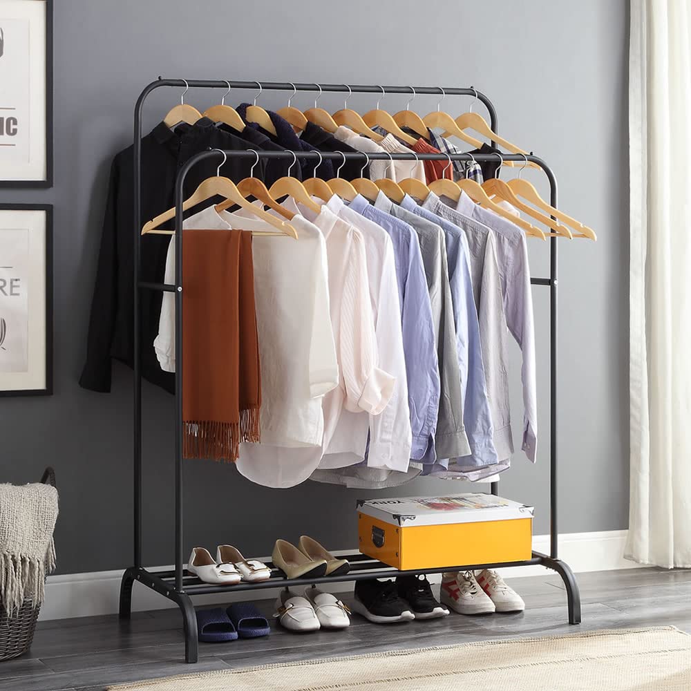 GISSAR Clothing Double-Rail Garment Rack with Shelves, Metal Hang Dry Clothing Rail for Hanging Clothes,with Top Rod Organizer Shirt and Lower Storage Shelf for Boxes Shoes Boots Black