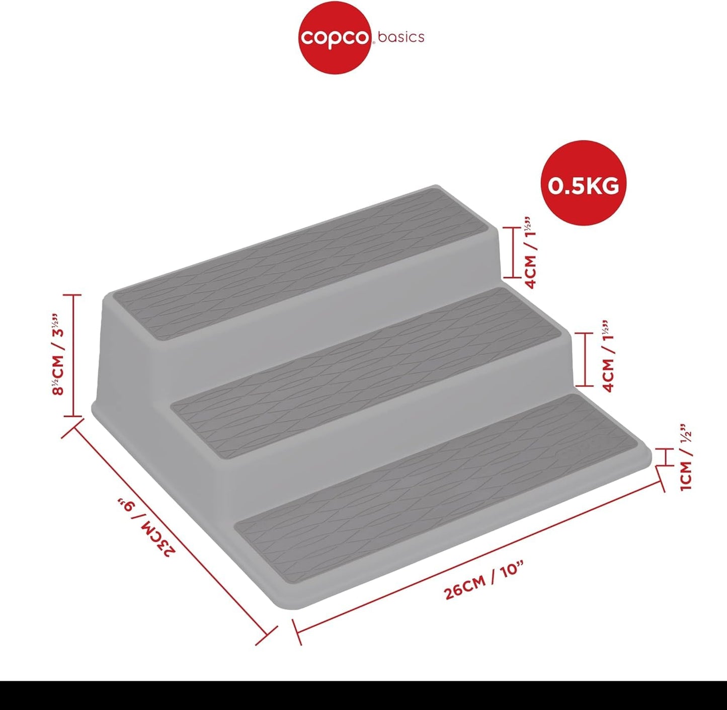 Copco Basics 3-Tier Spice Rack for Inside Cupboard, Non-Slip Kitchen Shelf Organiser, 26 x 23 x 8.5cm, White/Grey 26 x 23 x 8.5 cm Single