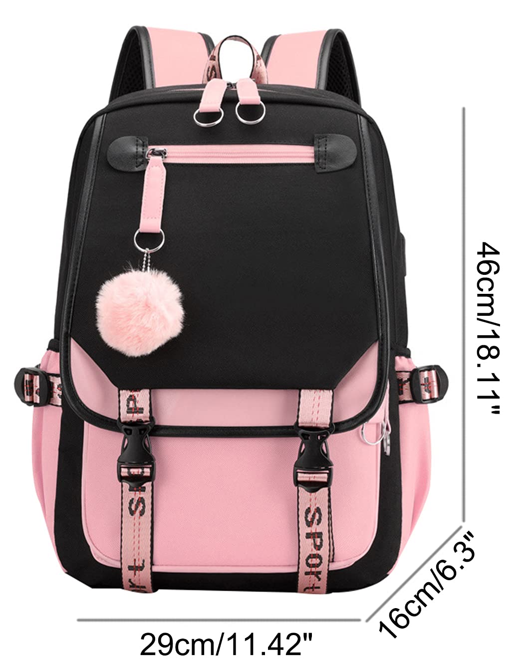 SellerFun Teenage girls' Backpack Middle School Students Bookbag Outdoor Daypack With USB charge Port 21 Liters 4# Black Pink