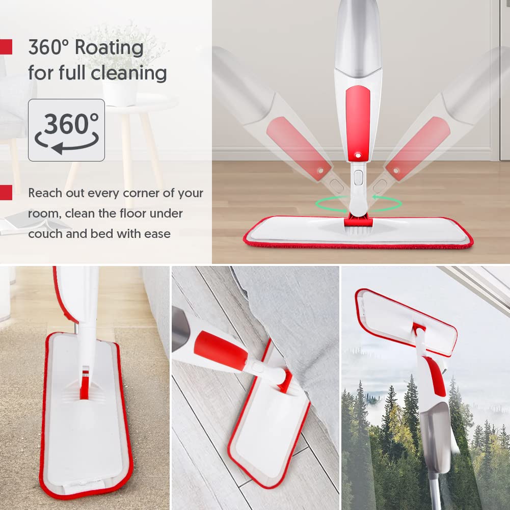 TRAV-ROUND Spray Mops for Cleaning Floors with 3pcs Washable Pads, Spray Floor Mop with 550ML Refillable Bottle Dry Wet Microfibre Flat Mop for Kitchen Wooden Hardwood Laminate Ceramic Tile B - Red Spray Mop(3 Pads+1 Bottles)