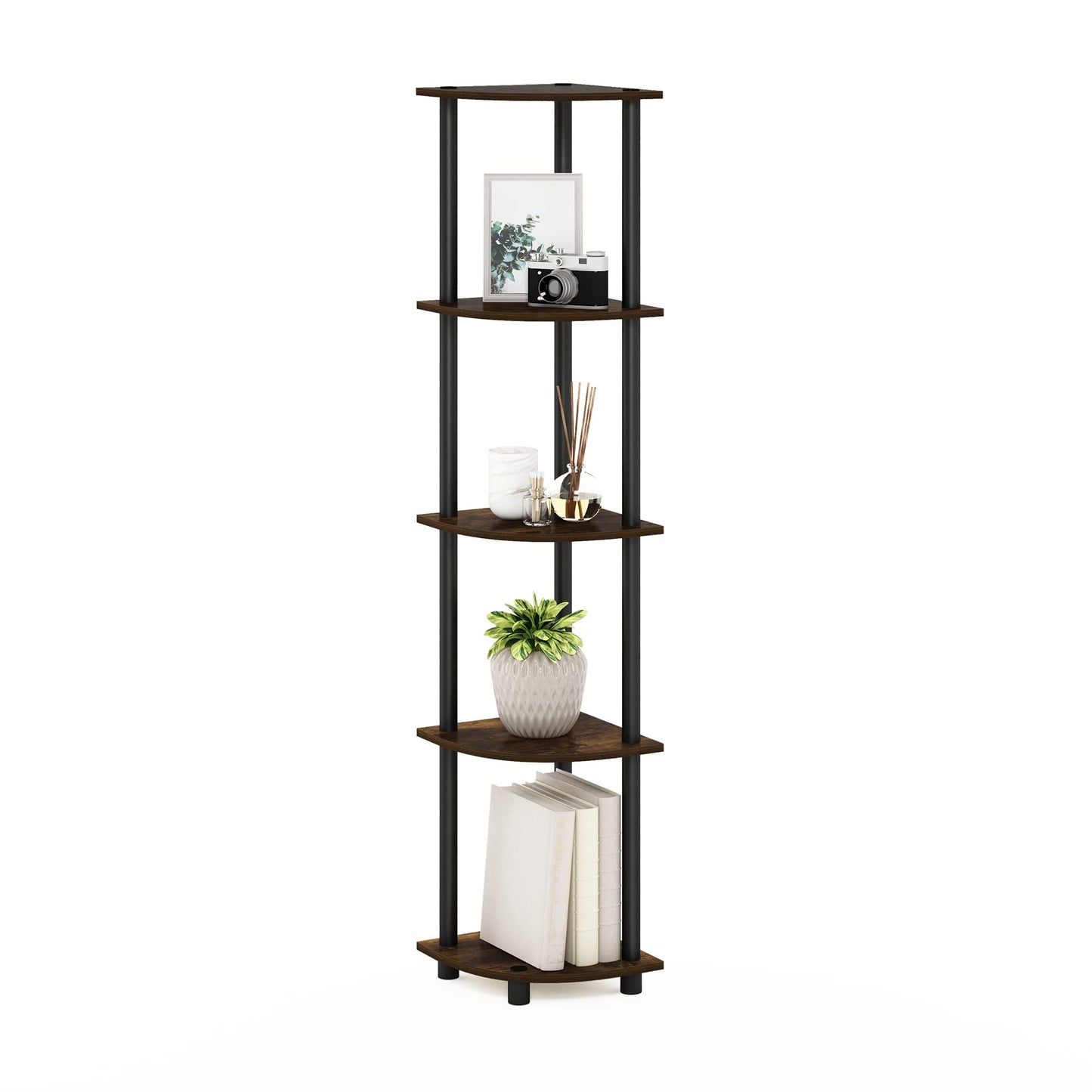 Furinno Turn-N-Tube 5 Tier Corner Display Rack Multipurpose Shelving Unit, Amber Pine/Black 5-Tier