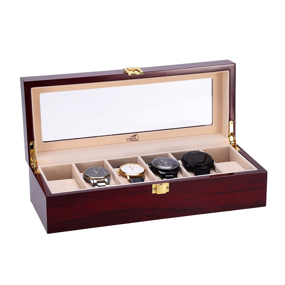 Watch Display Storage Box Jewelry Collection Case Organiser Holder for Men Wooden Cherry Red 6 Slots