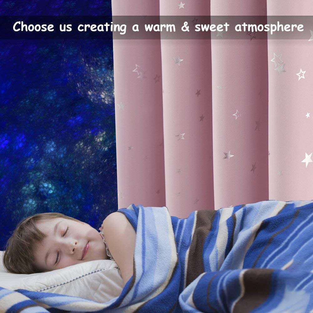 PONY DANCE Pink Curtains for Bedroom - 52 x 54 inch Pink Eyelet Foil Printed Star Blackout Curtains Thermal Eyelet Panels for Kids Preteen Bedroom/Nursery, Light Pink, 2 PCs 2 x W 52 x L 54 Printed Stars | Light Pink