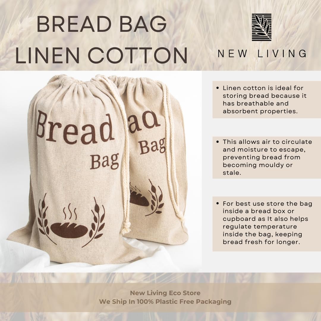 2 Pack New Living Natural Linen Bread Bag | Organic Blend | 2 x Reusable Bread Bags | Food Storage Bag | Bread Storage Bags | 38x27 cm | Eco Bread Bag