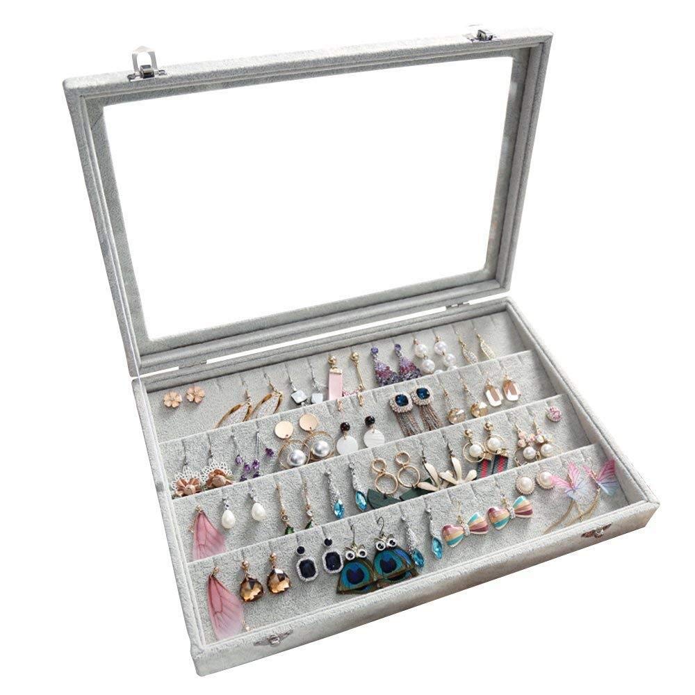 BIENSER Earrings Organiser, Velvet Clear Lid Earring Holder & 40 Pairs Earrings Storage Box, Jewellery Boxes Display Showcase Case Lockable, Dustproof, 13.14"(L) X 9.18"(W) Earrings Box