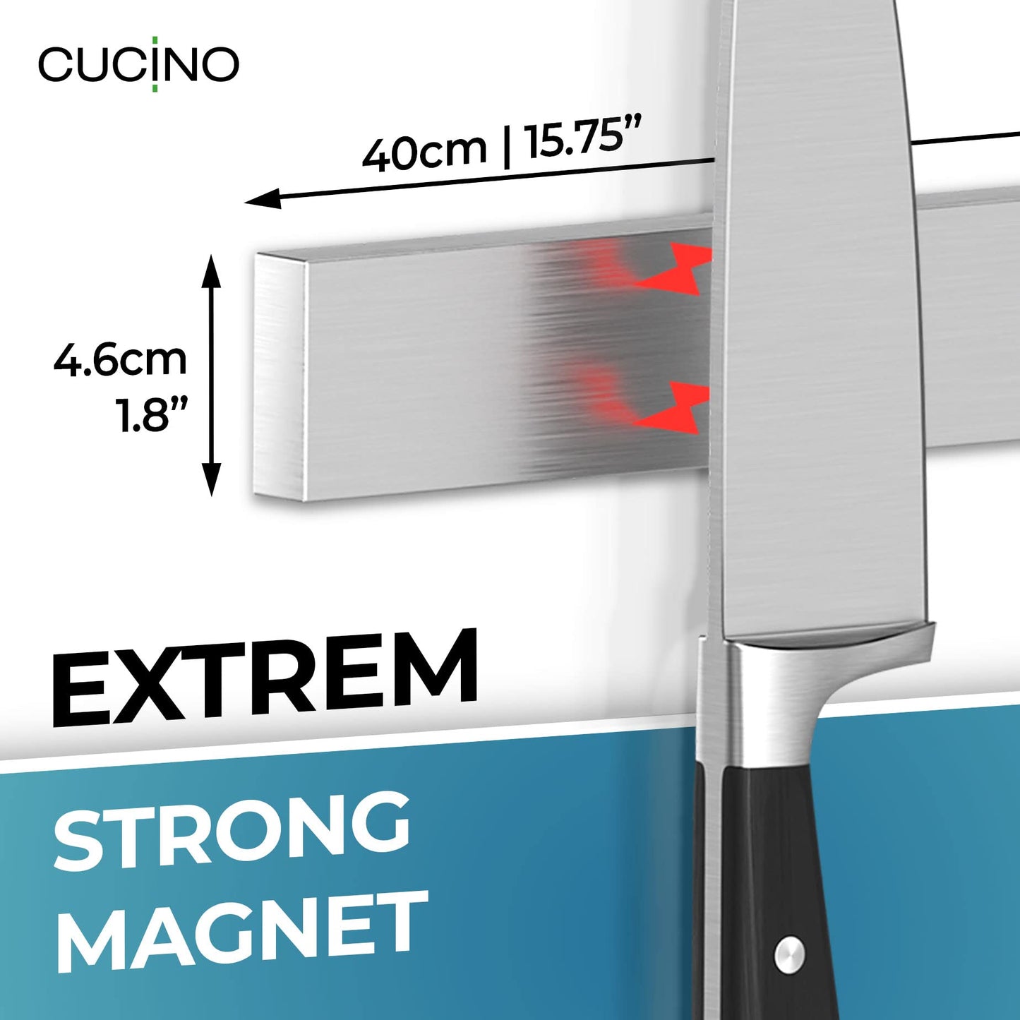 CUCINO Magnetic Knife Holder for Wall - 40cm (16") incl. Self Adhesive Magnetic Strip, Extra Strong Knife Magnets for Walls, Magnetic Knife Rack with Optional Installation Made of Stainless Steel