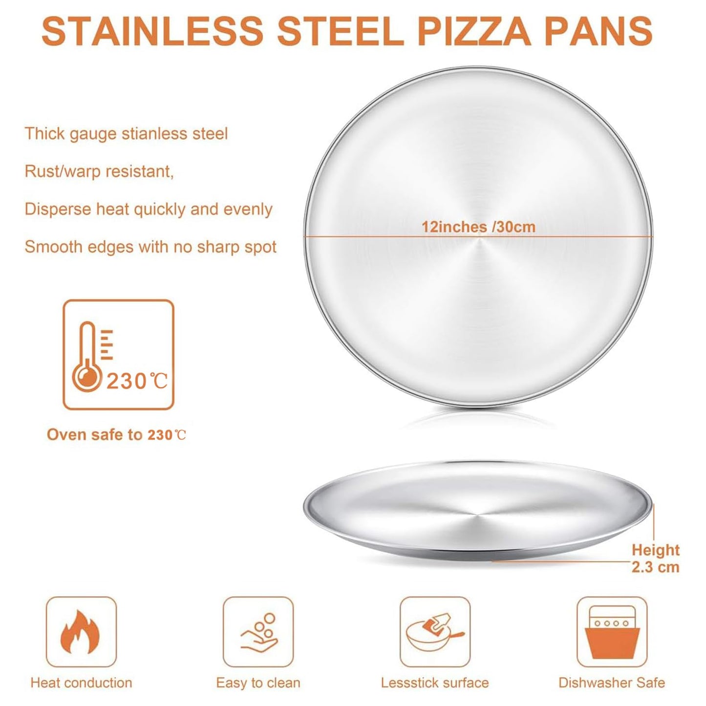 HaWare Pizza Baking Tray Set of 2, 12 inch Stainless Steel Pizza Pan Oven Tray, Round Baking Sheet, Less-Stick, Non Toxic & Healthy, Heavy Duty & Dishwasher Safe 30cm