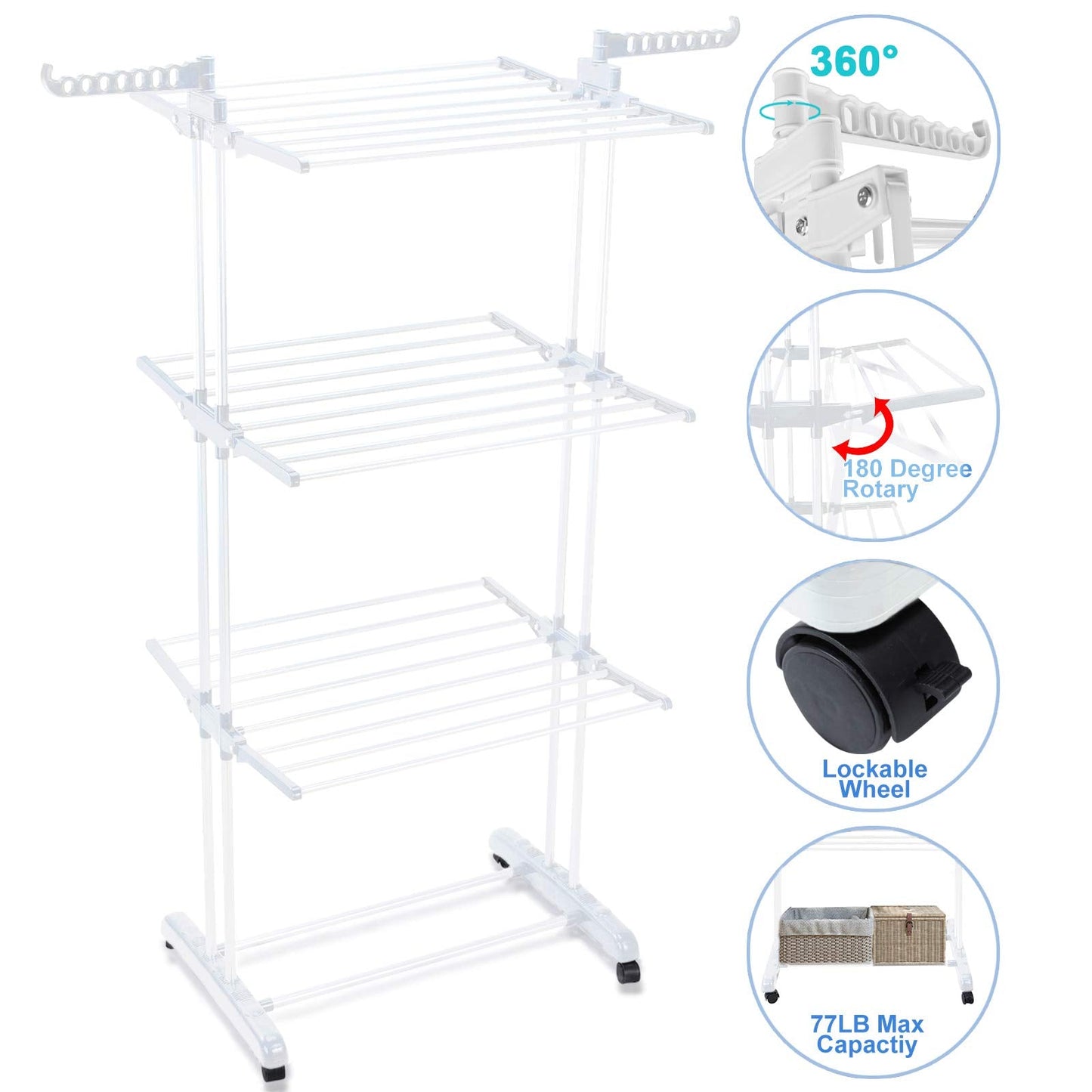 Voilamart Clothes Airer 3 Tier Foldable Laundry Drying Clothes Rack Outdoor Indoor Heavy Duty Clothing Airer Garment Dryer Stand on Wheel, White