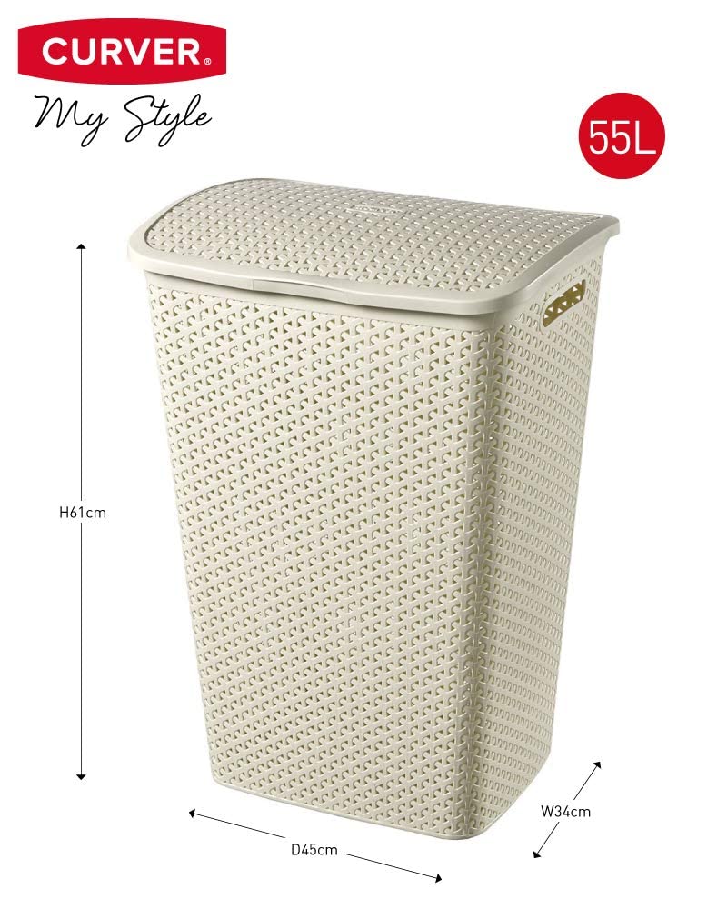 Curver My Style 55 Litre Rattan Effect Laundry Hamper, Vintage White 55L Hamper Single