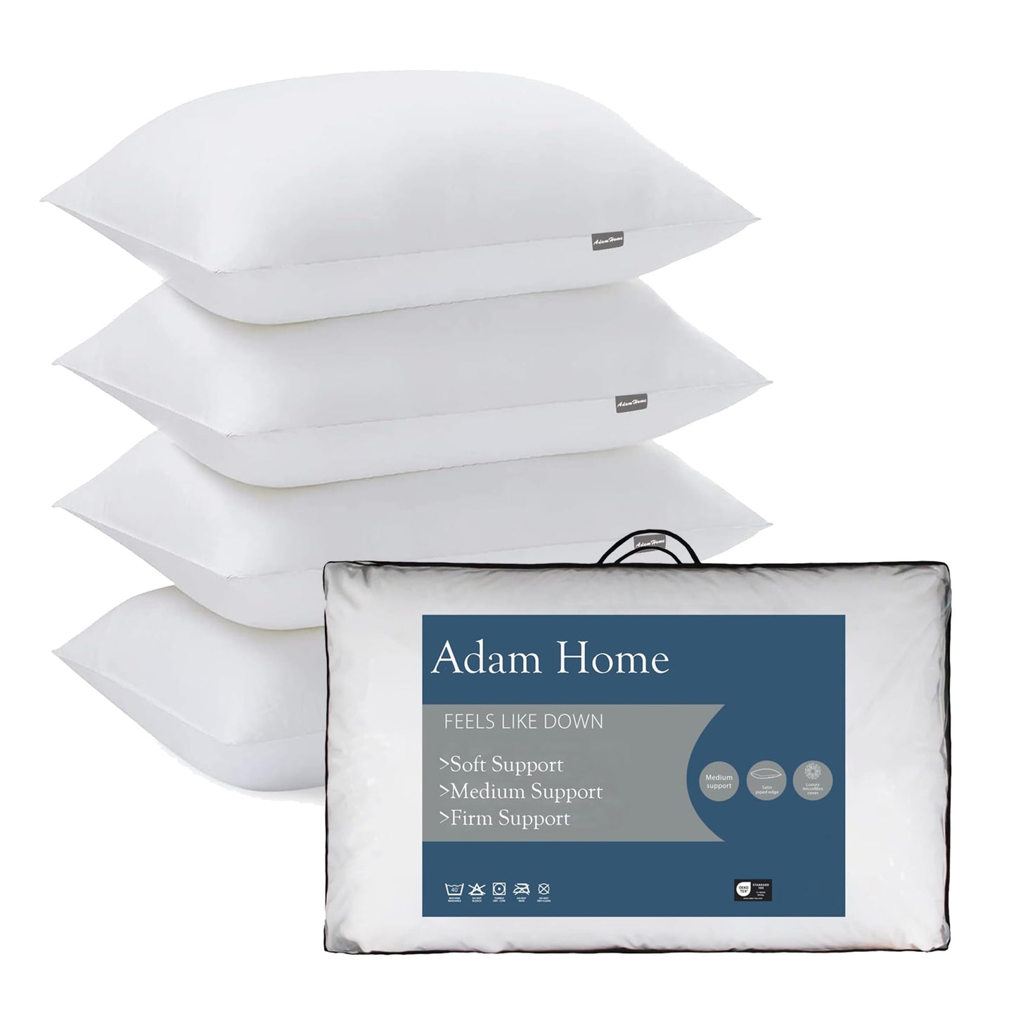 Adam Home Pillows Pack of 4 Standard Size Extra Soft Filling Hotel Quality Comfortable Bed Pillow Bounce Back Pillow Suitable for Back and Side Sleepers Body Pillow Set Sleeping Pillows Hollowfibre 4 Count (Pack of 1) Soft Support