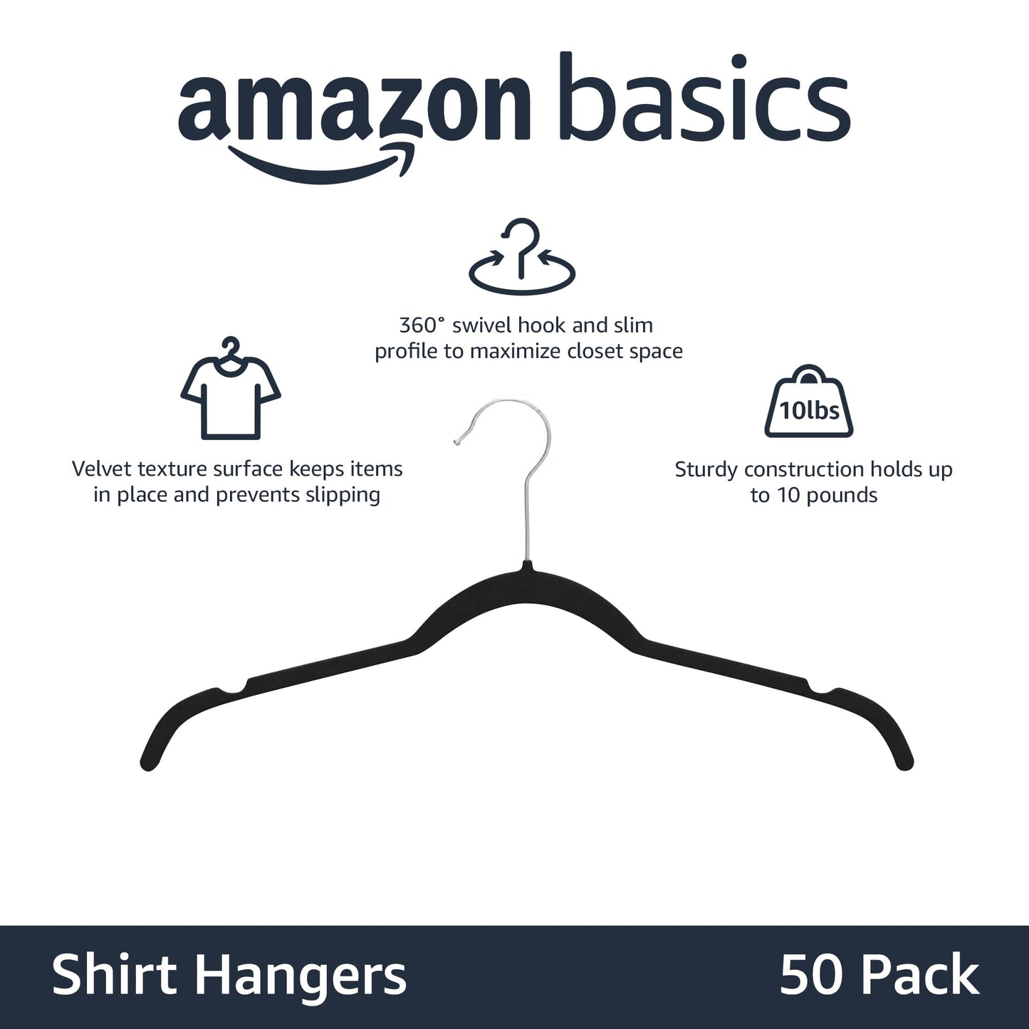 Amazon Basics Velvet Shirt/Dress Hangers, Black, 50-Pack 50 Pieces