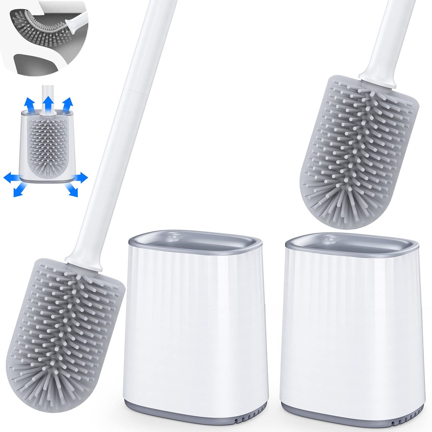 Toilet Brush, Silicone Toilet Brush with Holder Set, Dead Corner Deep Cleaning Loo Brush & Quick Drying Holder & Wall Mounted Flexible Long Handled Toilet Brushes for Bathroom (2 Pack White) White-2 Pack