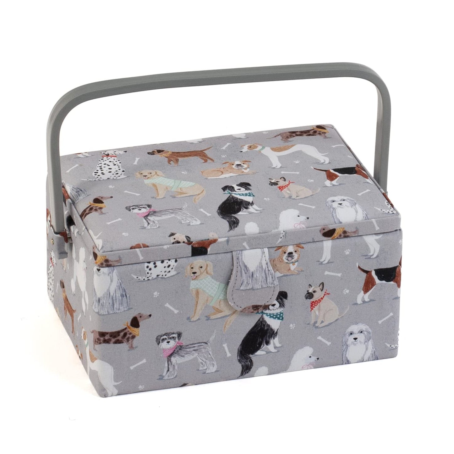 Hobby Gift Exclusive Medium Sewing Craft Hobby Storage Box, Accessories Tray Pin Cushion Pocket PVC Handle 18.5 x 25.5 x 14.5cm, Grey Dogs