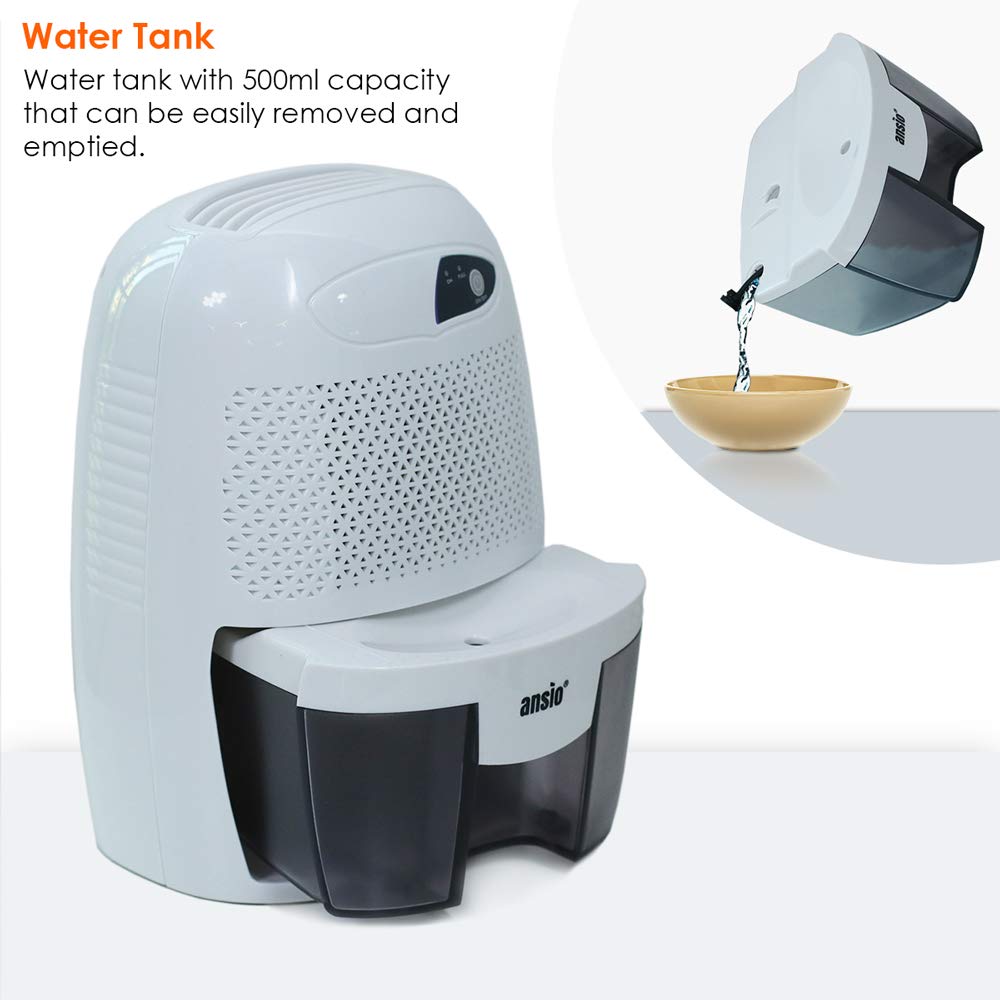 ANSIO Dehumidifier 500ml Compact and Portable Mini Air Dehumidifier for Damp, Mould, Moisture in Home, Kitchen, Bedroom, Caravan, Office, Garage, Bathroom, Basement