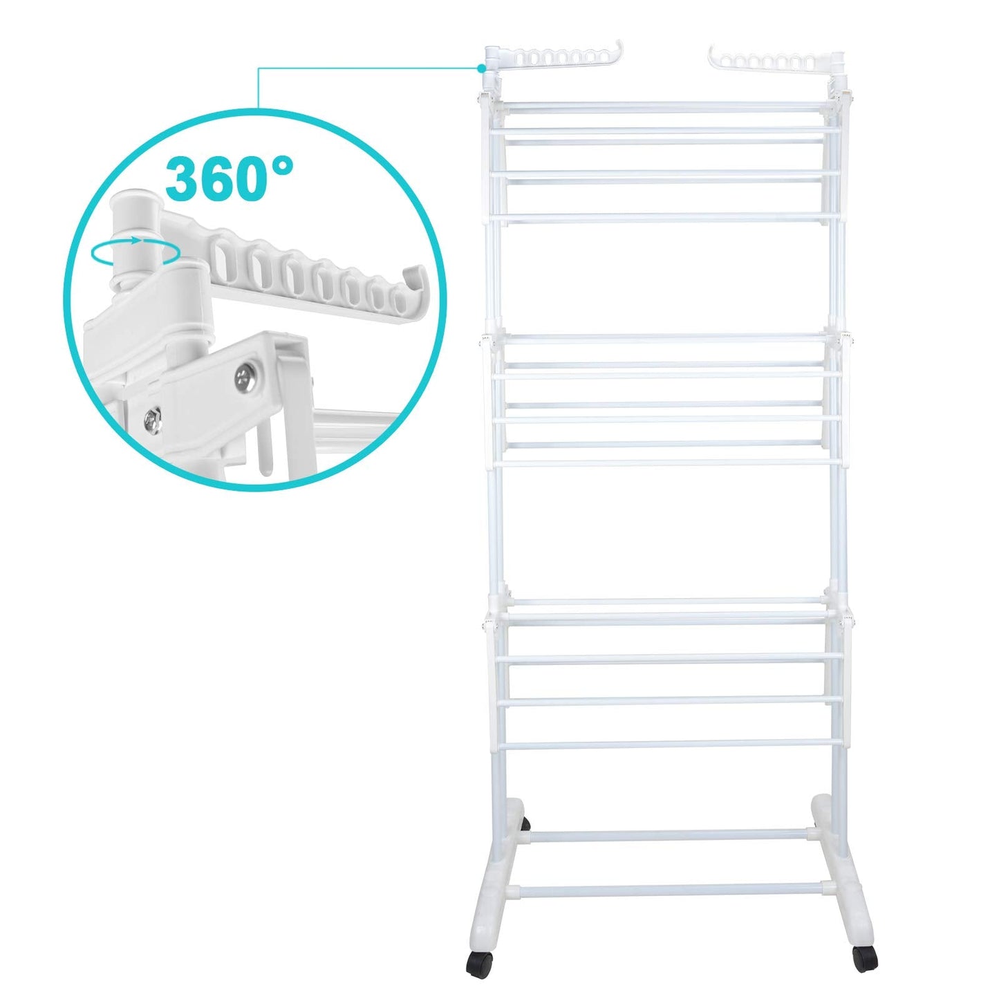 Voilamart Clothes Airer 3 Tier Foldable Laundry Drying Clothes Rack Outdoor Indoor Heavy Duty Clothing Airer Garment Dryer Stand on Wheel, White