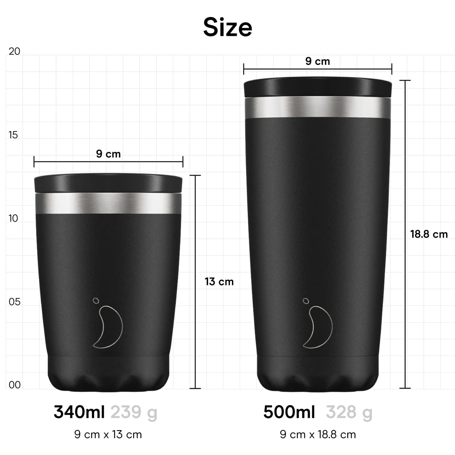 Chilly's Original Coffee Cup - Thermal Travel Mug For Cold & Hot Drinks - Reusable Cups with Lids - Double Walled Vacuum Insulated Mug - Stainless Steel - 340ml - Monochrome Black