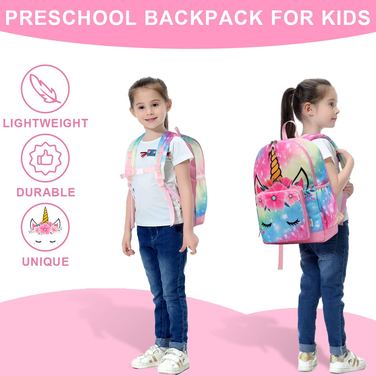 VASCHY Girls Backpack, 13L Kids Backpack Water Resistant School Bag 4-6 Years Toddler Rucksack Children's Backpack with Elastic Water Bottle Pockets for Elementary School(Rainbow Unicorn) Rainbow Unicorn