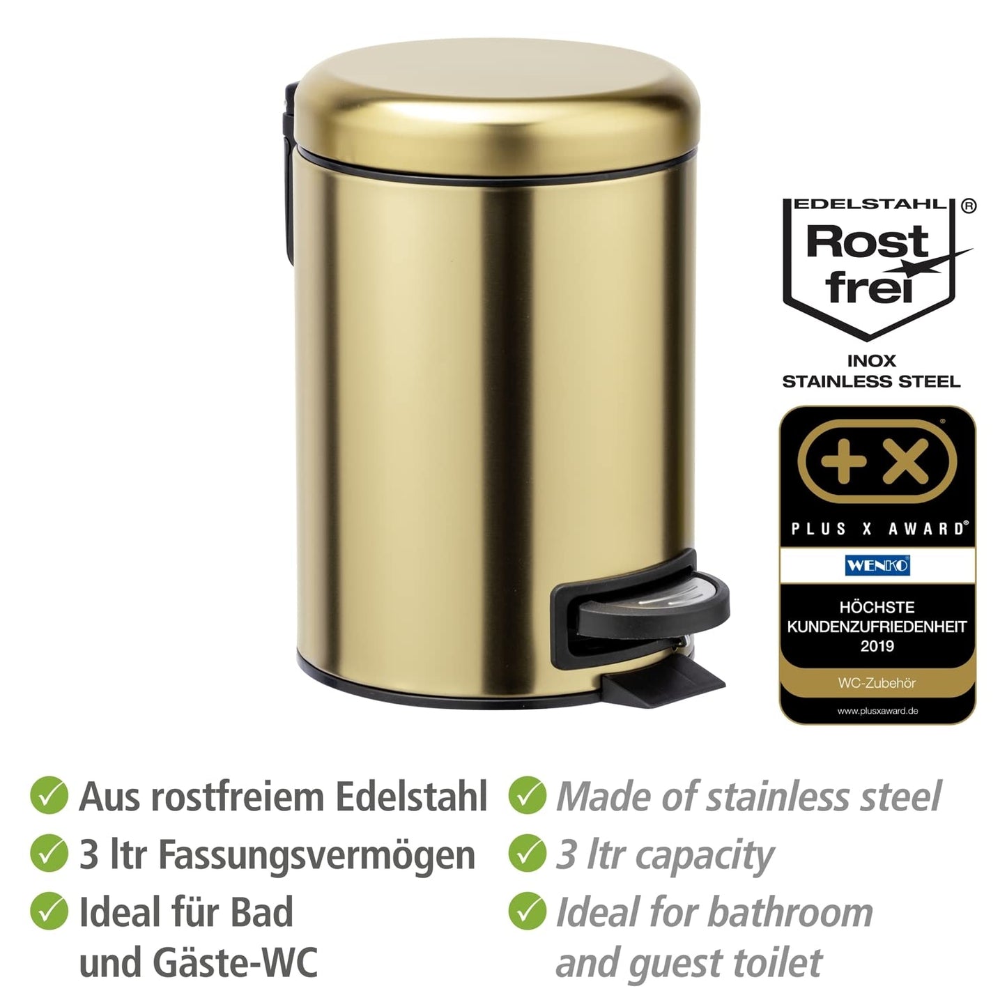 Wenko Leman Cosmetic Pedal Bin Matte Gold 3 L – Cosmetic Bin, Rubbish Bin with Anti-Fingerprint, Capacity: 3 litres, stainless steel, 17 x 25 x 22.5 cm, gold Gold/Black