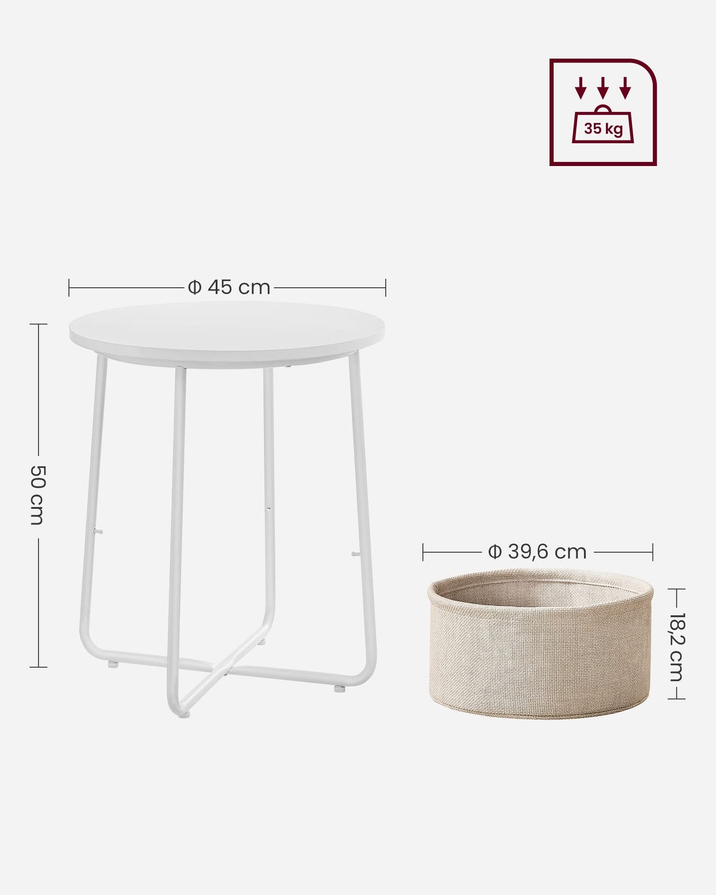 VASAGLE Side Table, Round End Table with Fabric Basket, Spacious, for Living Room Bedroom, Bedside Table, Modern Style, White and Beige LET223W10 White + Beige