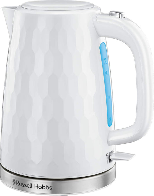 Russell Hobbs Honeycomb Electric 1.7L Cordless Kettle (Fast Boil 3KW, White premium plastic, matt & high gloss finish, Removable washable anti-scale filter, Push button lid, Perfect pour spout) 26050