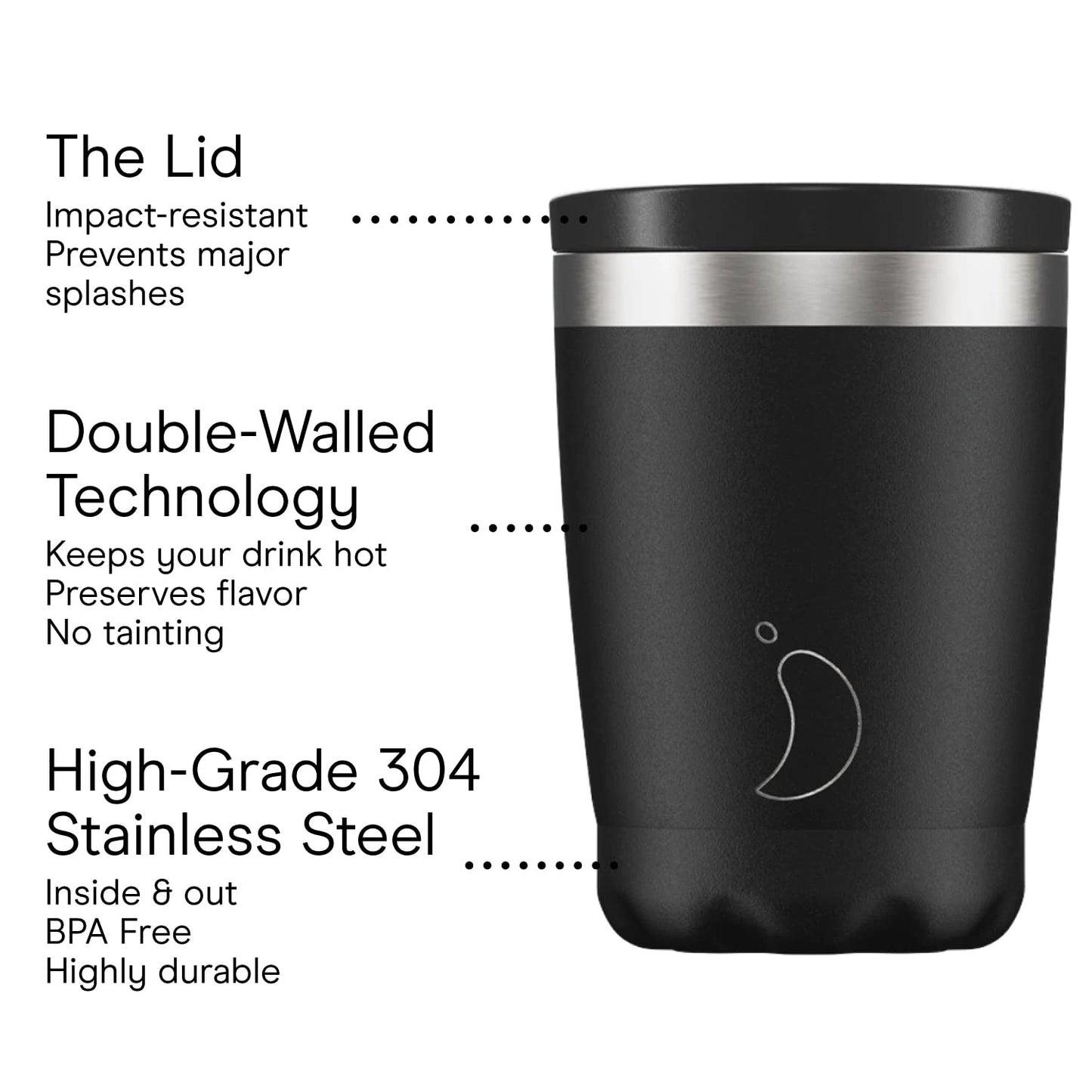 Chilly's Original Coffee Cup - Thermal Travel Mug For Cold & Hot Drinks - Reusable Cups with Lids - Double Walled Vacuum Insulated Mug - Stainless Steel - 340ml - Monochrome Black