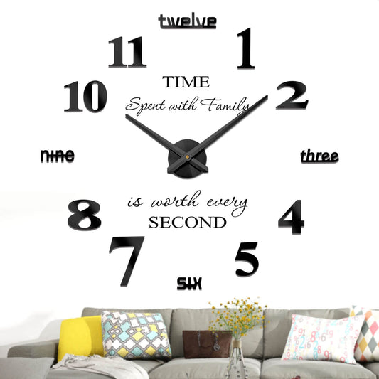 VANGOLD Modern Mute DIY Frameless Large Wall Clock 3D Mirror Sticker Metal Big Watches Home Office Decorations (Black) Black