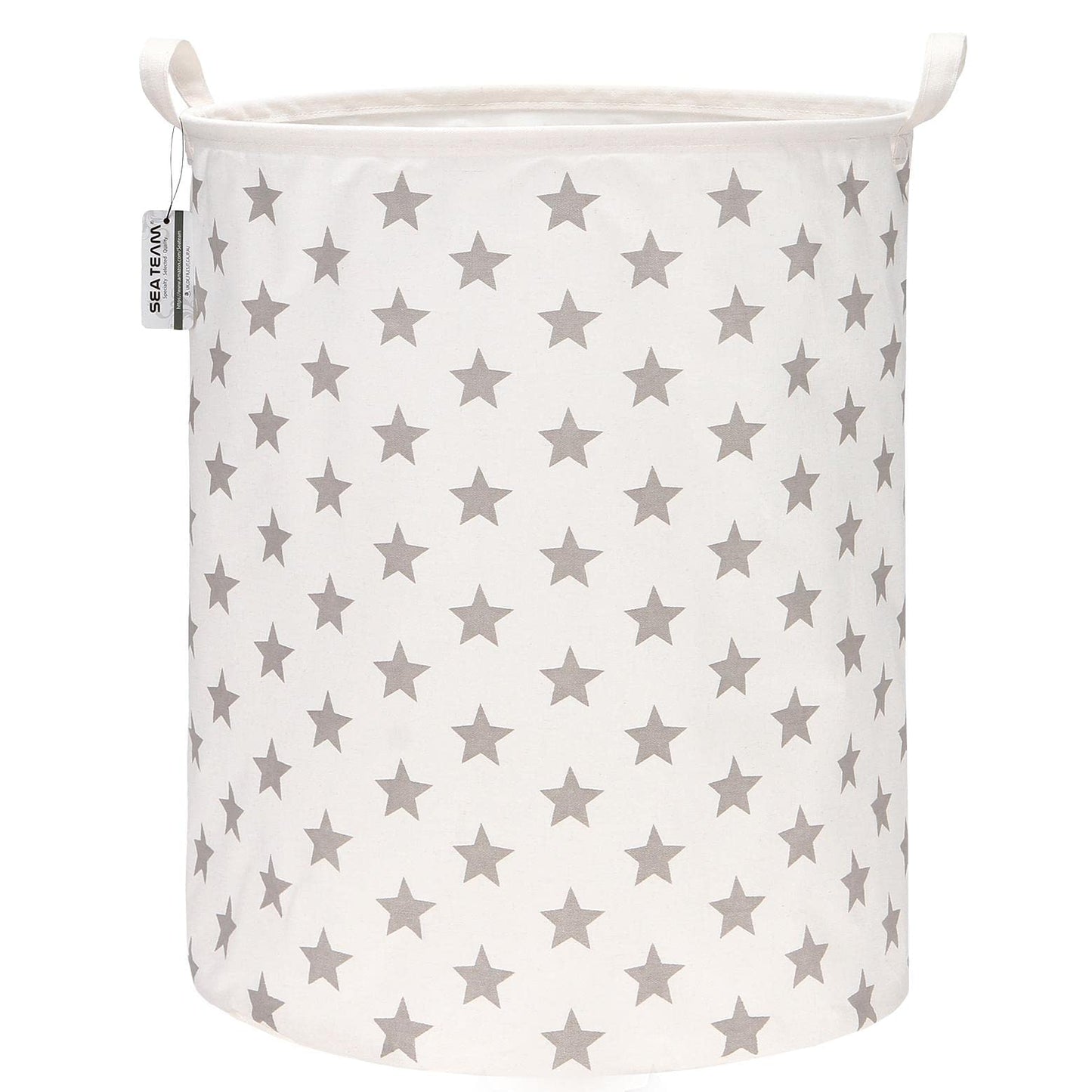 Sea Team 19.7 Inch Large Sized Waterproof Coating Ramie Cotton Fabric Folding Laundry Hamper Bucket Cylindric Burlap Canvas Storage Basket with Stylish Grey Stars Design 1 Star Grey