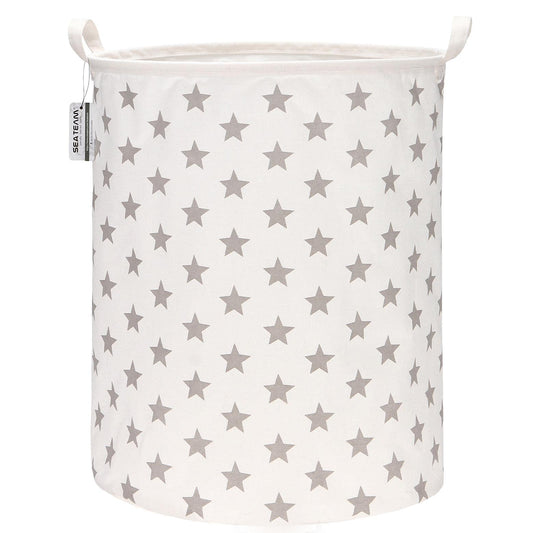 Sea Team 19.7 Inch Large Sized Waterproof Coating Ramie Cotton Fabric Folding Laundry Hamper Bucket Cylindric Burlap Canvas Storage Basket with Stylish Grey Stars Design 1 Star Grey