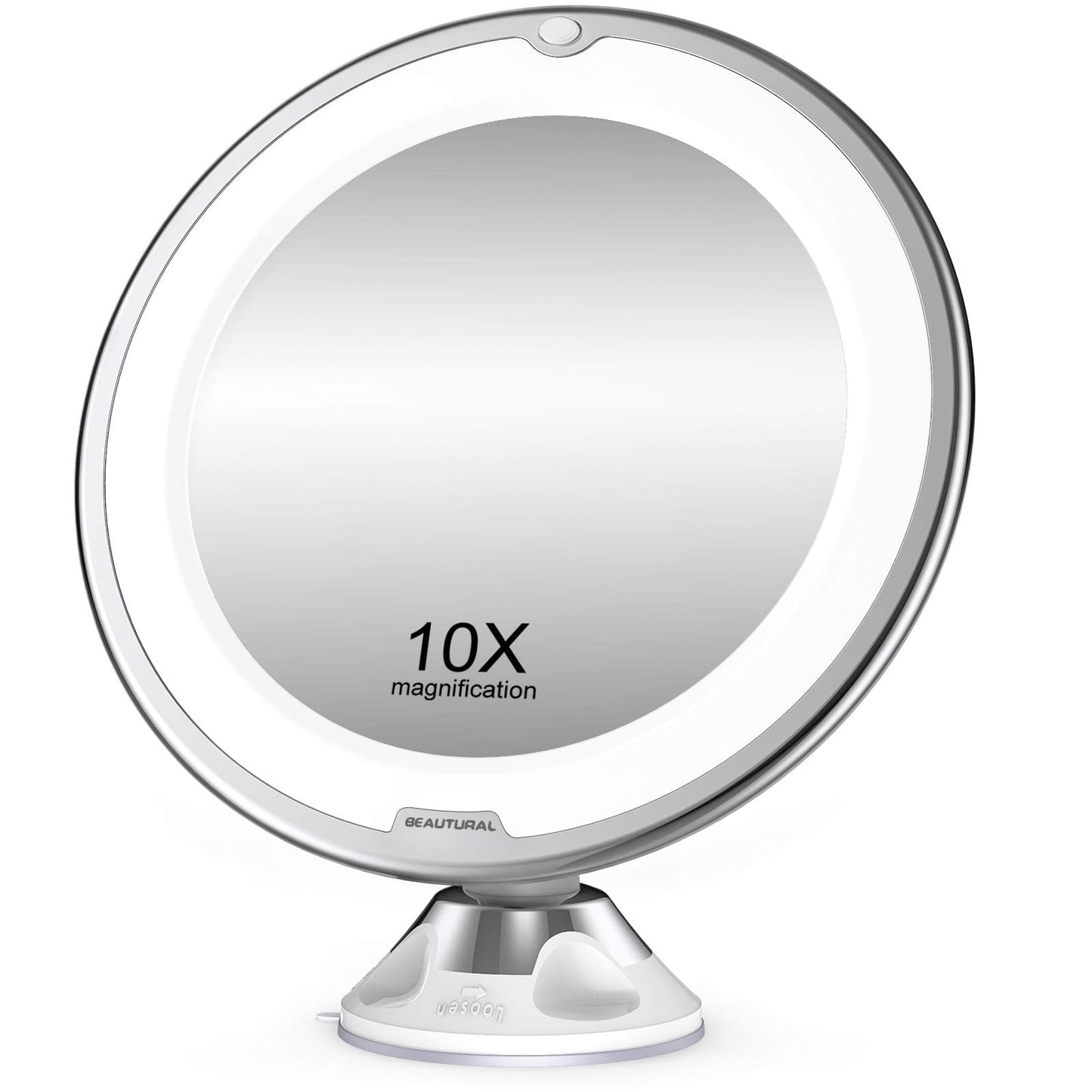 BEAUTURAL Makeup Mirror, 10X Magnifying Lighted Vanity Daylight White LED, Portable Illuminated Bathroom Mirror, 360 Degree Swivel Rotation and Locking Suction