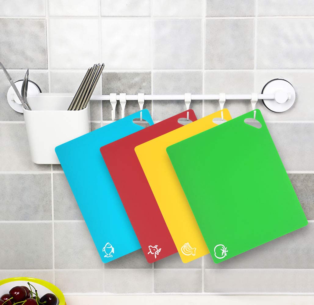 Vicloon Plastic Chopping Board Set, 6Pcs Flexible Kitchen Plastic Cutting Board Mats with Food Icons, Non Slip Antimicrobial Easy Hanging Boards, Dishwasher Safety