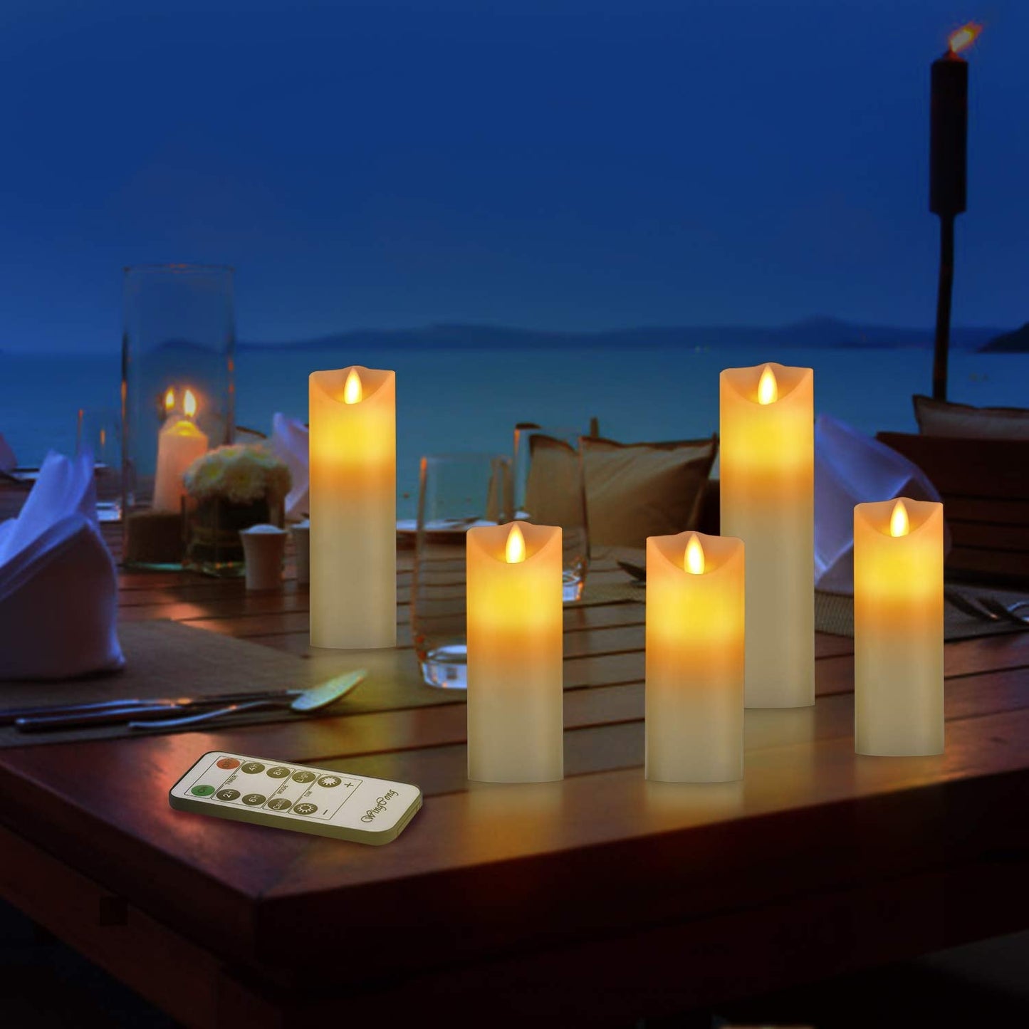 WINGCONG Led Candles, Flameless Candles, 5.5"/6"/6.5"/7"/8" Set of 5 Flameless Flickering Candles Battery Operated with 24 Hour Timer and 10 Key Remote Control, Ivory Real Wax Moving Wick Candles