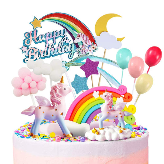 Humairc Unicorn Cake Decoration Rainbow Unicorn Cake Topper Happy Birthday Topper Cloud Balloons Moon Stars Cupcake Topper for Girl Kid Women Birthday Party Wedding Anniversary Decoration