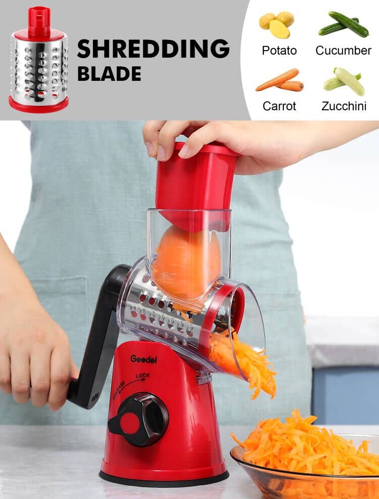 Rotary Cheese Grater, Vegetable Slicer with Three Drum Blades, Grater for Kitchen Faster and Easy Cutting, Rotary Drum Grater Ideal for Cheese, Cucumber, Carrot, Nuts, etc. Red