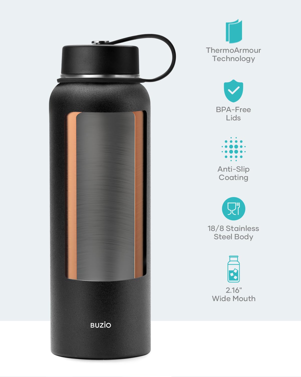 Stainless Steel Water Bottle with Straw, BUZIO Insulated Water Bottle with Straw Lid and Flex Cap 1180 ml Metal Water Bottle Cold for 48 Hrs, Hot for 24 Hrs Double Wall BPA Free Leak Proof, Black