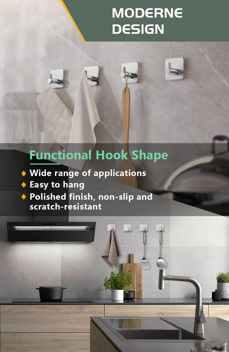 Aikzik Self Adhesive Hooks, Set of 6 Stainless Steel Hooks – Strong Stick on Hooks, Sticky Hooks for Hanging Items - Door Hooks, Coat Hooks Silver-6