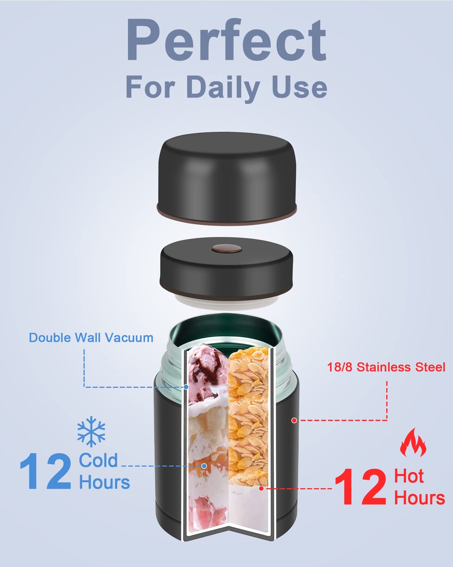 Dreamhigh® Thermos Food Flask, 800ml, Soup Flask with Spoon, Stainless Steel Vacuum Insulated Food Container, Leak-Proof, with Carrying Bag, Keep Hot/ Cold for 12 Hours (Black) Black