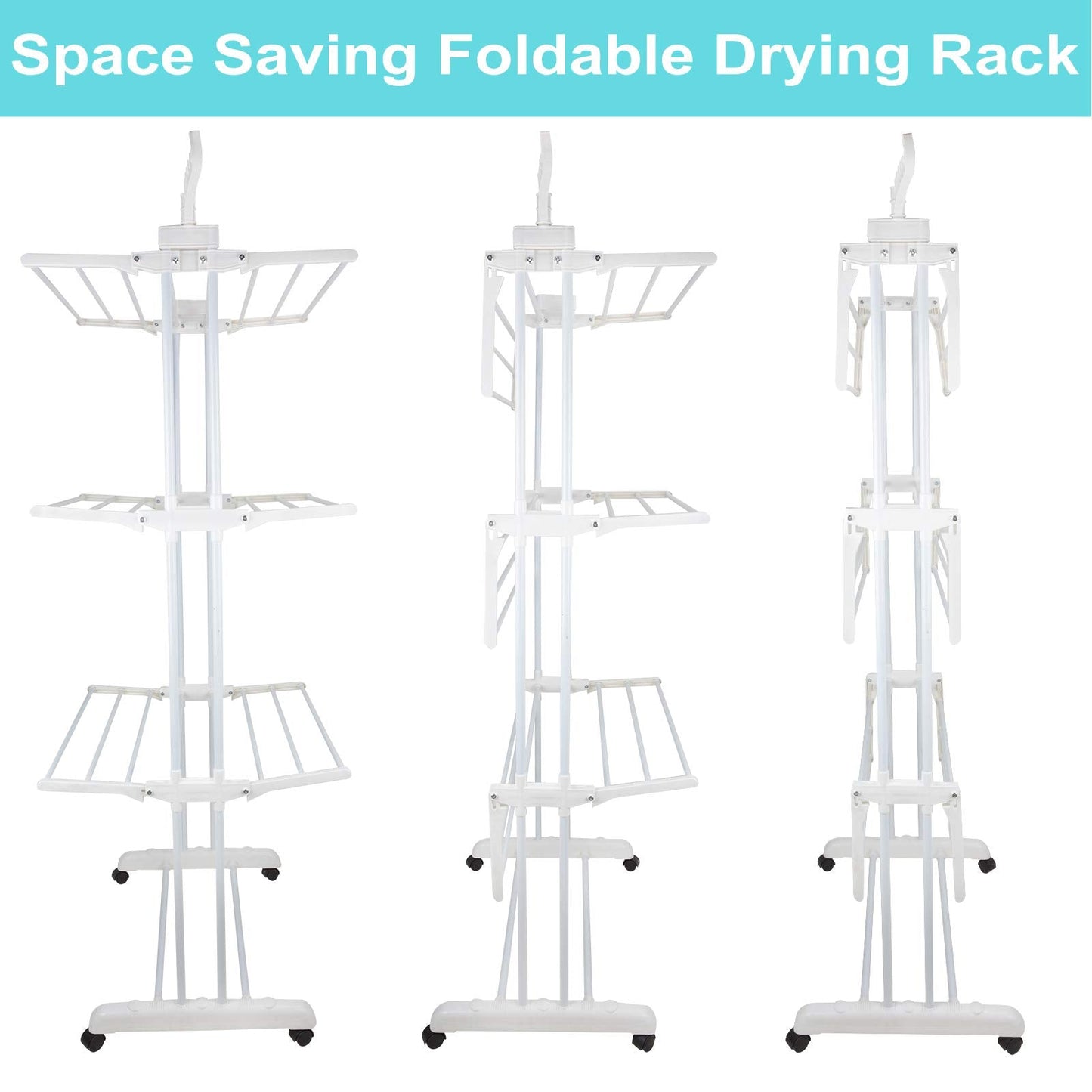 Voilamart Clothes Airer 3 Tier Foldable Laundry Drying Clothes Rack Outdoor Indoor Heavy Duty Clothing Airer Garment Dryer Stand on Wheel, White