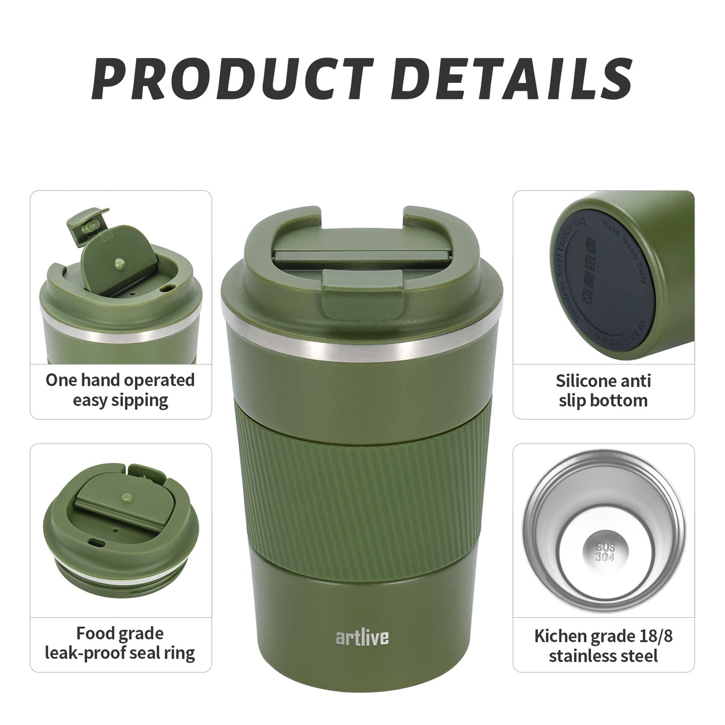 Artlive Travel Mug, Coffee Cup Insulated & Reusable Travel Cup - Thermal Stainless Steel Eco-Friendly with Leakproof Lid - Hot & Cold Coffee Mug (GreenGrip) Greengrip