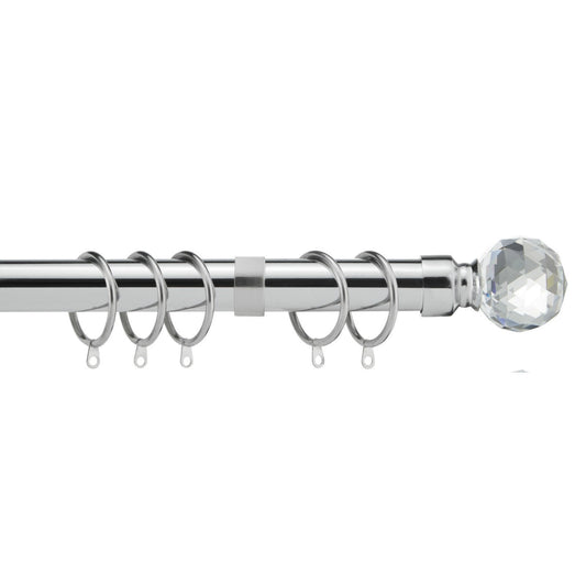 Extendable Curtain Pole | Crystal Metal Curtain Pole Set 25mm | Includes Rings, Finials, Brackets & Fittings (40cm to 218cm, Chrome) 40cm to 218cm