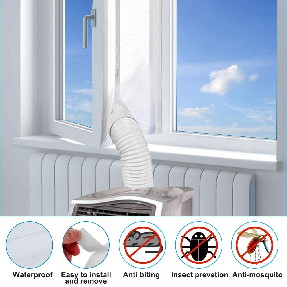 AC Window Seal,Portable Universal Window Kit for Mobile Air Conditioner Unit and Tumble Dryer 400cm/158Inch,Hot Air Stop Air Exchange Guards with Zip and Adhesive Fastener White Window Seal 400CM